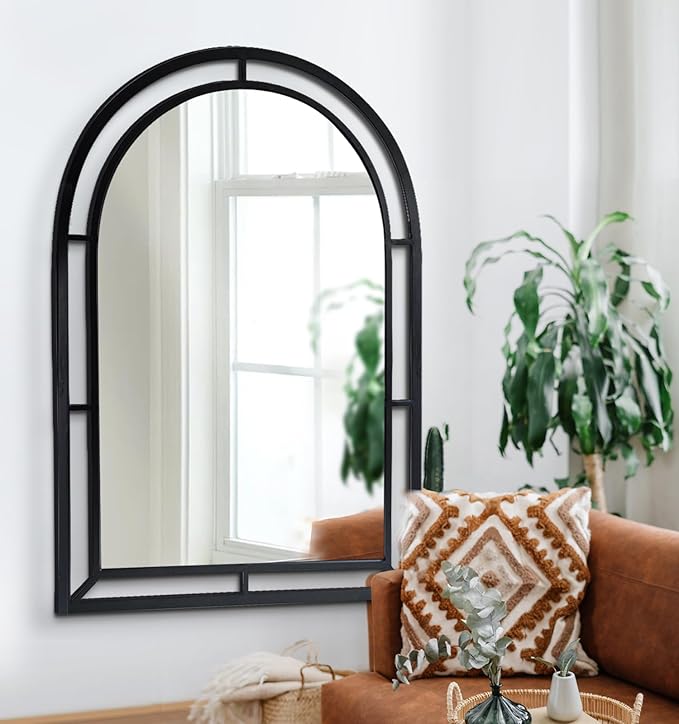 WAMIRRO Concise Window Arched Mirror,Decorative Black Window Pane Mirrors Decor for Fireplace/Entryway/Hallway/Living Room/Bathroom 28"X40"