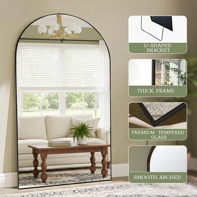 MISSDAY Large Arched Full Length Mirror, 83"x44" Oversized Full Body Mirror with Stand, Floor Mirror Long Free Standing, Leaning or Hanging, Frame Wall-Mounted Mirrors Wall Mirrors for Bedroom, Black