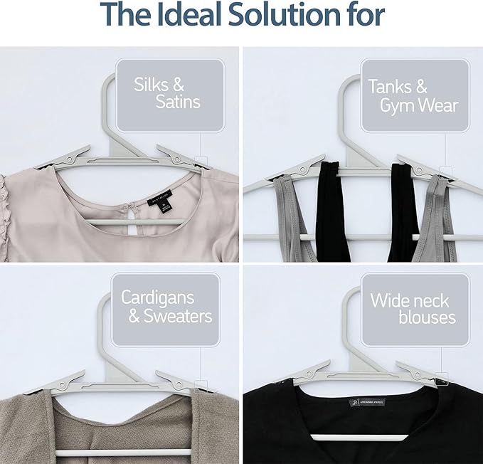 No Hassle-Hangers Best Clothes Hanger Ultra Soft Rubberized Grip Clip Keeps Garments in Place and Off the Floor. Perfect for Wide Neck Silks & Satin Tops, delicates, Athletic wear. (10, Slate Blue)