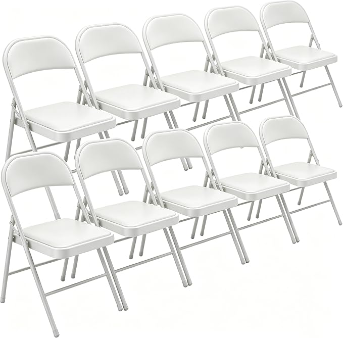 10 Pack Padded Folding Chairs, Portable Metal Foldable Chairs with Cushion, PU Leather Sturdy Indoor Outdoor Seating for Home, Office, Party, White