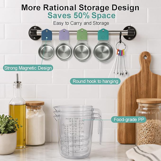 Stainless Steel Measuring Cups and Spoons Set, 7 Magnetic Measuring Cups, 5 Metal Measuring Spoons, 3 Plastic Measuring Cups for Kitchen Cooking & Baking, Dry & Liquid Ingredients