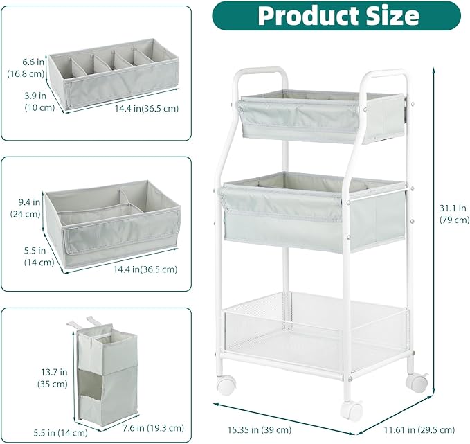 Moteph Rolling Utility Cart with Side Storage, 3-Tier Diaper Cart & Baby Caddy Organizer for Nursery Essentials, Bedside/Postpartum Nursing Cart, Craft & Art Storage Organizer, Rolling Book Cart