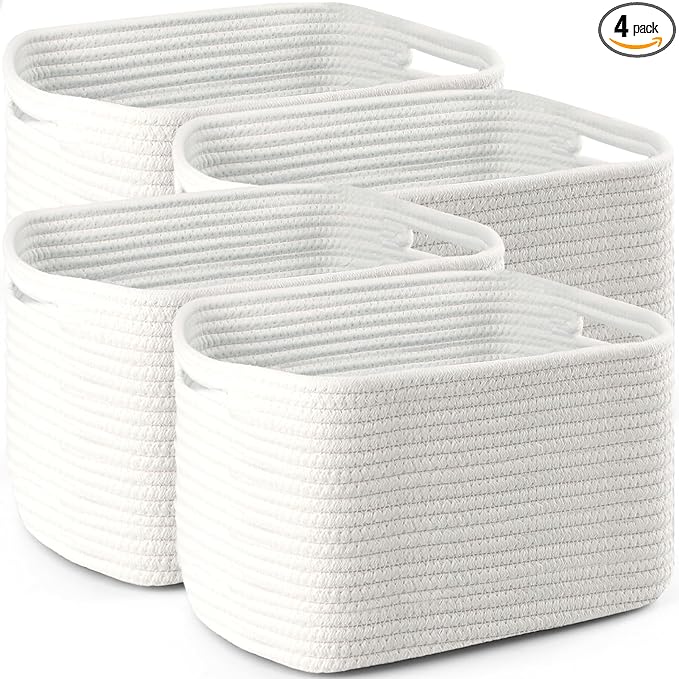 4 Pack Large Storage Baskets for Organizing, 16''Lx12''Wx8''H Woven Baskets for Storage Toys, Towels, Books, and Clothes, Cotton Rope Basket for Shelves with Handle