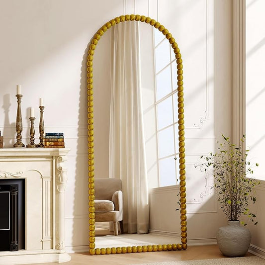 28"x71" Gold Arched Full Length Mirror, Vintage Beaded Decorative Floor Full Body Dressing Mirror as Room Decor Hanging Leaning Standing for Living Room, Bedroom, Vanity Area