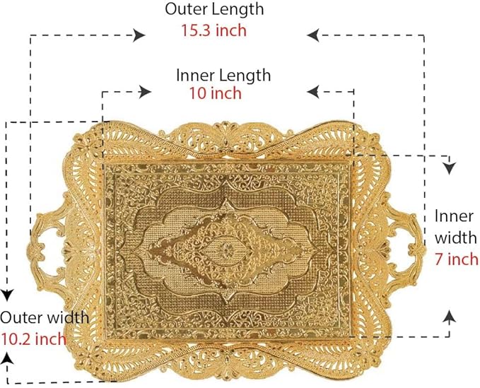 Gold Turkish Coffee Tea Serving Tray Table Home Decor Decorative Handle - Gold Vintage Brass Fancy Rectangle Style Traditional Rustic Bar Outdoor Wedding Arabic Farmhouse Wedding Decor Tray