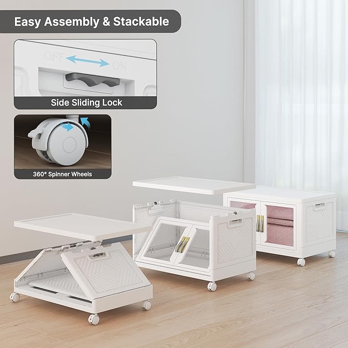 UAMFURI Stackable Storage Bins with Lids, Clear Doors, Large Storage Cabinet Foldable Collapsible Closet Organizers for Bedroom Dorm Office (1, White, 120, Quarts)