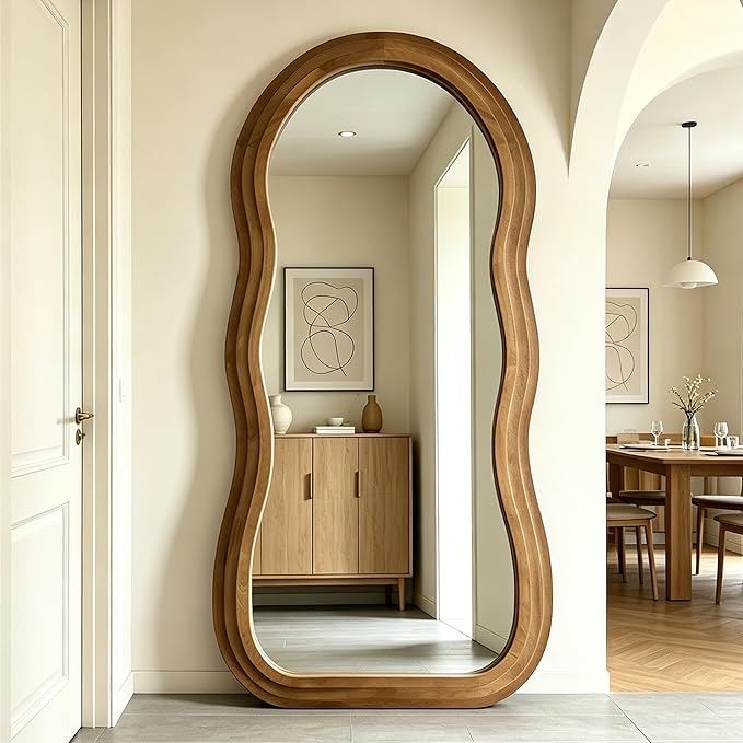 Wavy Full Length Mirror, 67"x31.5" Organic Floor Mirrors with Triple-Layer Solid Wood Frame, Large Irregular Aesthetic Mirror for Living Room Entryway Hallway Cloakroom, Leaning/Hanging