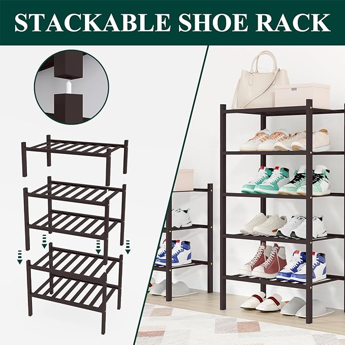 Smiry Small Bamboo Shoe Rack, 5 Tier Free Standing Wooden Shoe Organizer, Stackable Wood Shoe Storage Shelf for Closet, Entryway, 12 Vertical Slats, 2+2+1 Stack Standard Legs, 17.3"x11"x32.5", Brown