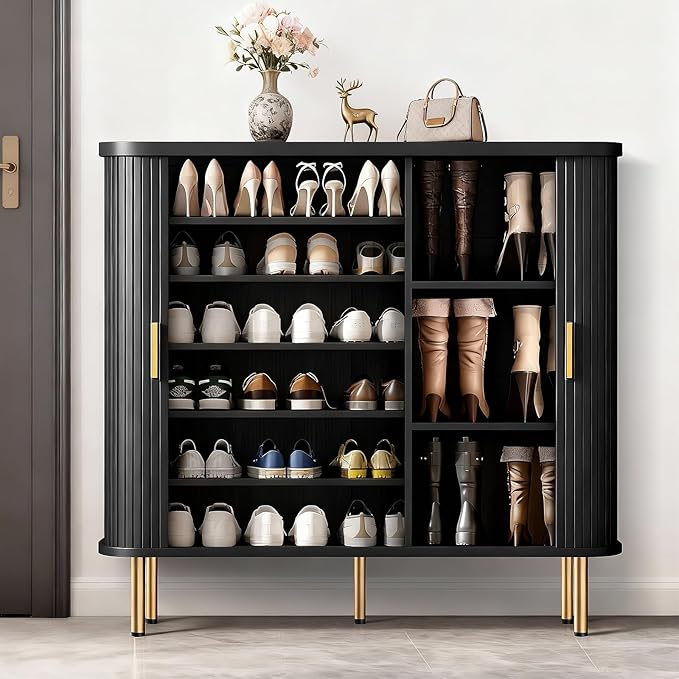 DHH Shoe Storage Cabinet with Sliding Door, 6-Tier Shoe Cabinet with Adjustable Shelves, Mid Century Modern Freestanding Shoe Storage Organizer for Entryway, Hallway, Living Room (Black, 47 ")