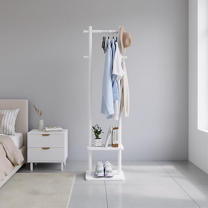 Wooden Coat Rack Stand,Heavy Duty Garment Rack with Shelves,Freestanding Clothes Rack Organizer for Entryway Bedroom Living Room(White)