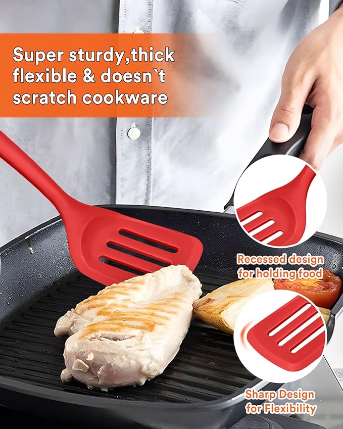 Kitchen Utensils Set, 13PCS Silicone Cooking Utensils, Heat Resistant Kitchen Utensil Spatula Set for Nonstick Cookware, Wooden Handles Kitchen Gadgets Tools Set (RED)