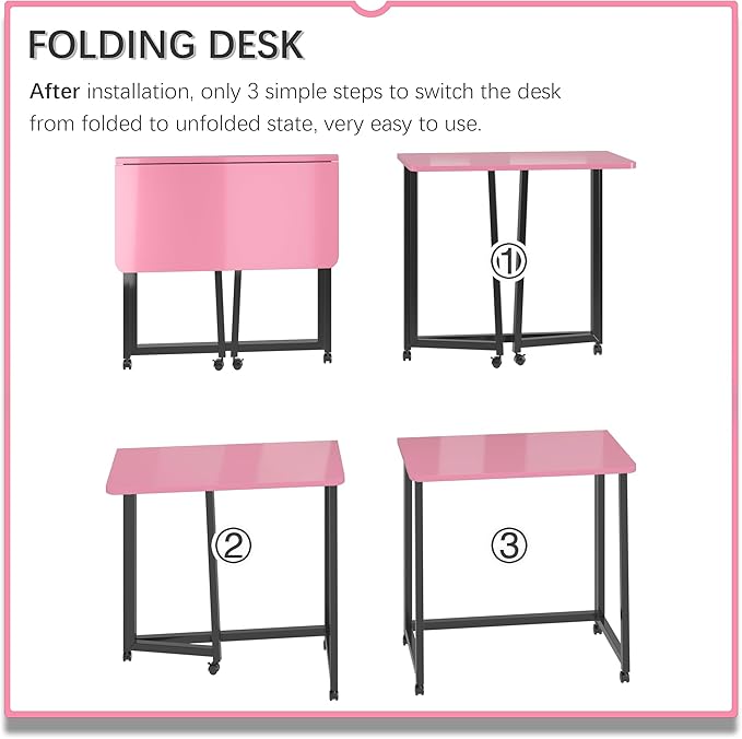 4NM 23.6" Mobile Small Folding Desk, Foldable Rolling Computer Home Office Desk, Study Writing Table for Small Space Saving Bedroom, with Wheels - Pink and Black