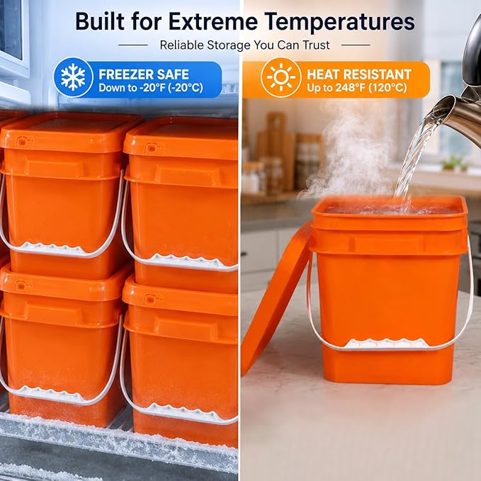 DEMORA 1.3Gallon Food Grade Square Plastic Bucket with Lid, Clear Airtight Storage Container, Reusable Pail for Kitchen Food Water Ice Cream Household Use 4Pcs (2 Orange+2 Transparent)