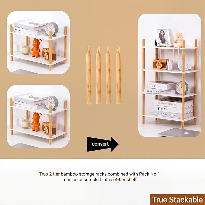 2-Tier Expandable Bamboo Desktop Organizer Shelf Kitchen Cabinet and Counter Riser Display Shelf for Top of Desk Home Office Bathroom Coffee Table Display Stand,Natural (3-Tier White, 6.7" H)