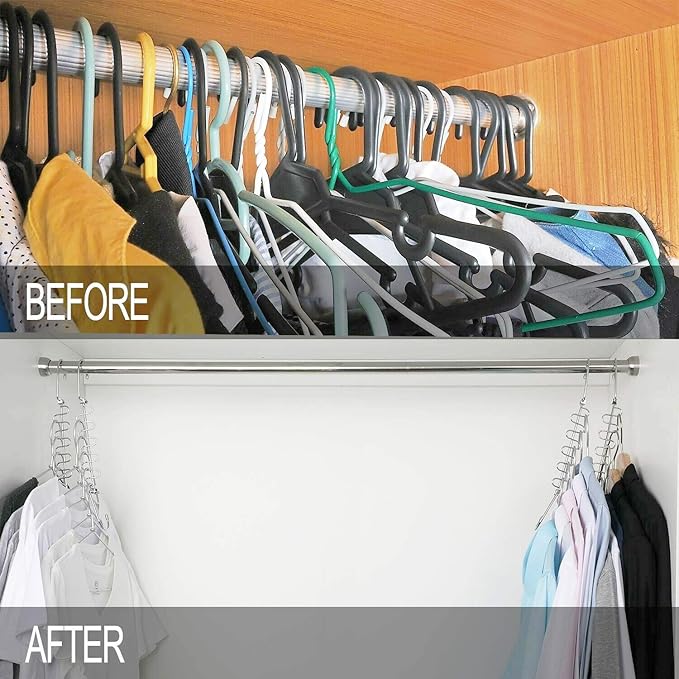 KLEVERISE 8 Pack Metal Space Saving Hangers, Stainless Steel Hangers Space Saving for Clothes, Magic Cascading Space Saving Closet Clothing Hanger Organizer Space Saver, College Dorm Essentials