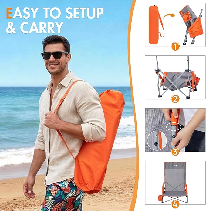 Portal High Back Beach Chair for Adults - Heavy Duty 350 lbs Folding Portable Sand Chair with Cup Holder & Side Pocket, Breathable Mesh Tall Camping Chair with Rotating Feet for Outdoor Travel Grey