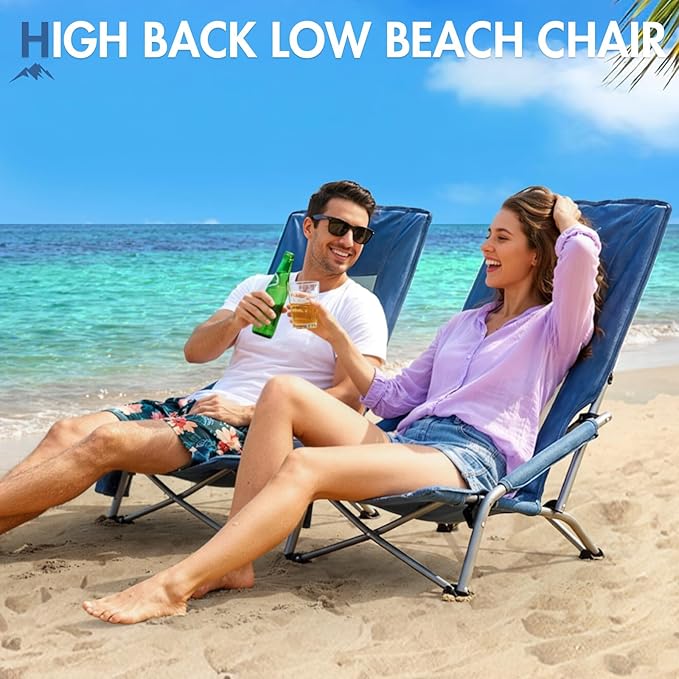 Portal High Back Beach Chair for Adults - Heavy Duty 350 lbs Folding Portable Sand Chair with Cup Holder & Side Pocket, Breathable Mesh Tall Camping Chair with Rotating Feet for Outdoor Travel Blue