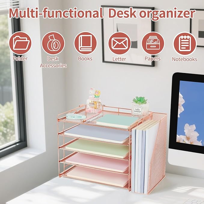 AUPSEN Rose Gold Desk Organizers and Accessories, 5-Tier Desktop Paper File Organizer with Removable File Holder, Desk Accessories & Workspace Organization for Home Office Supplies (Rose Gold)