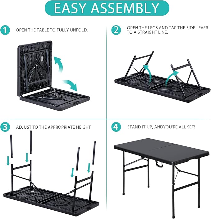 Folding Event Table, Heavy Duty Picnic Table Indoor Outdoor Camping, 4FT Portable w Handle Lock for Banquet, Black