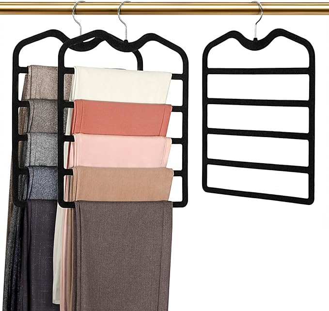 Pants Hangers Space Saving,3 Pack Velvet Short Neck Pants Hangers,5 Tier Space Saving Velvet Hanger,Closet Organizers and Storage Dorm Room Essentials for College Students Girls Guys Holds Pant,Jean