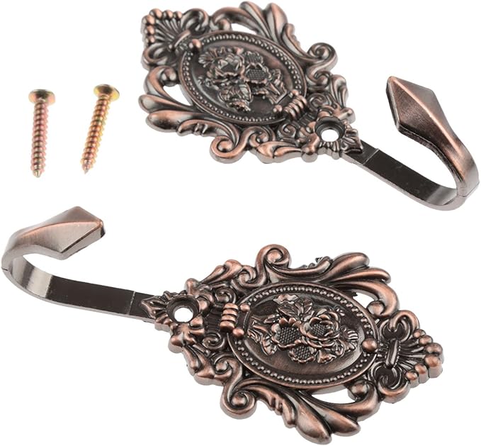 2Pcs Wall Hooks Red Copper Rose Pattern Carved Vintage Drapery Clothes Key Hook Bathroom Bedroom Multi-Function Decorative Hook with Screws