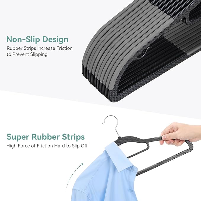 NCXTKJ 30 Pack Non-Slip Clothes Hangers with Tie Rack, Thin Space-Saving Coat Hangers – Heavy Duty Plastic Clothes Hangers for Suit, Shirts, Pants, Dorms & Home Organization, Black and Dark Gray
