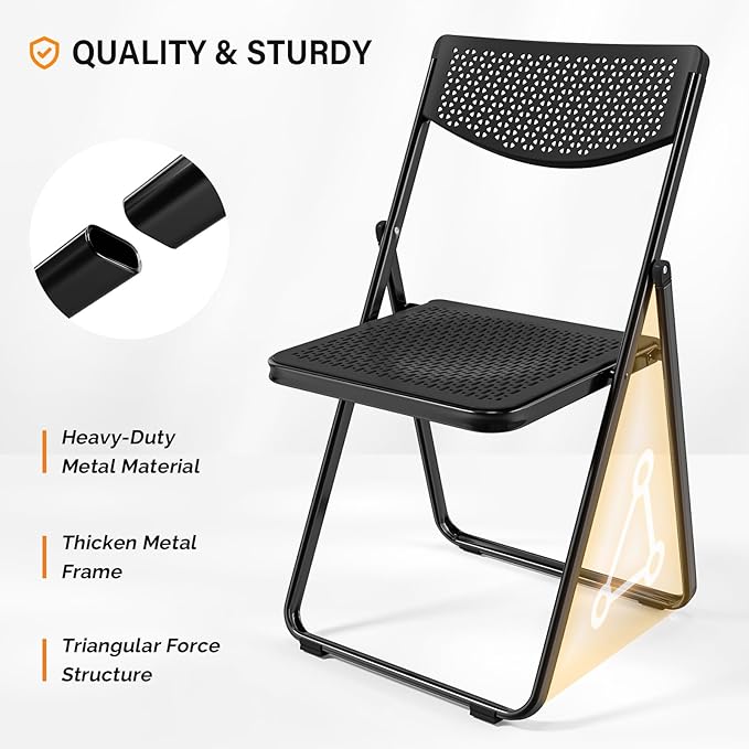 VINGLI Plastic Folding Chairs, Comfortable Foldable Chair with Breathable Mesh Seat and Sturdy Metal Frame 350lbs Capacity for Indoor and Outdoor Use, Party, Event, Office, Dining, Black, 10 Pack