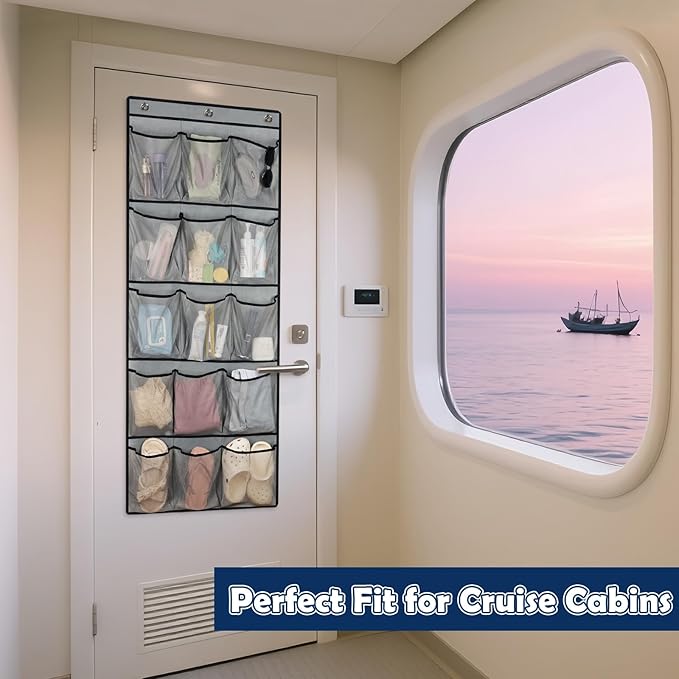 Over The Door Cruise Ship Organizer - Cruise Ship Magnetic Door Organizer with 15 Size-Graded Pockets, Hanging Magnetic Cruise Storage Shoe Rack for Cabin, 2026 Cruise Essential, 9 Hooks(Grey)