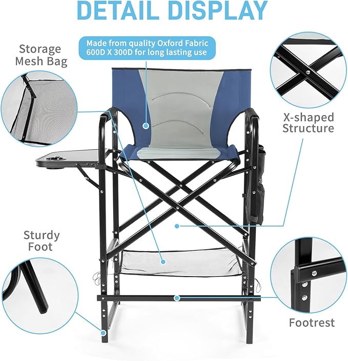 Outvita 31" Tall Directors Chair Height Seat Folding with Side Table Storage Bag, Support for 300Lbs Portable Makeup Artist Chair with Bar Height(Blue/Grey)