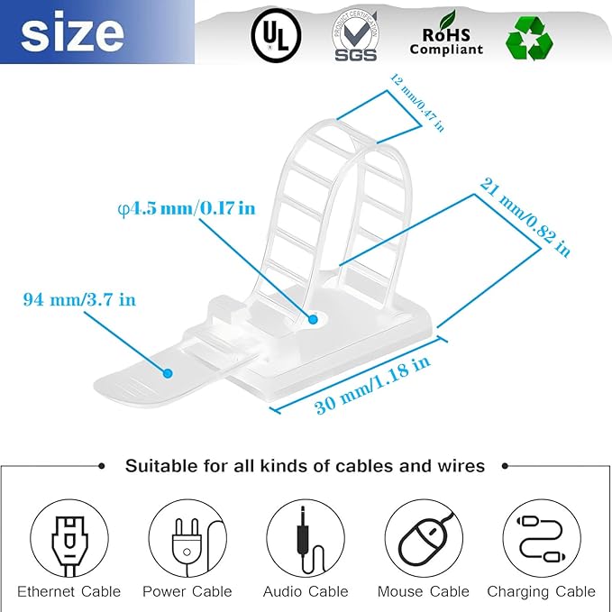 Cable Ties Cable Clips Wire Management Cord Clips Under,Desk Cable Management Reusable Zip Ties Wire Organizer Under Desk 100 packs (White)