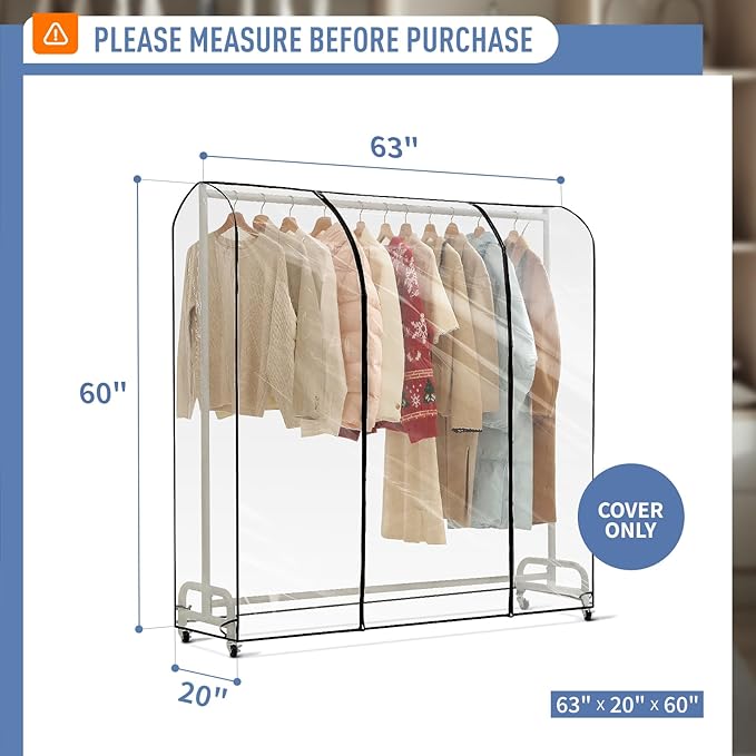 Clear Garment Rack Cover 63" L x 20" W x 60" H, Clothes Rack Cover with Reinforced Double Zippers, Waterproof PEVA Dustproof Protection – Cover Only, Rack Not Included