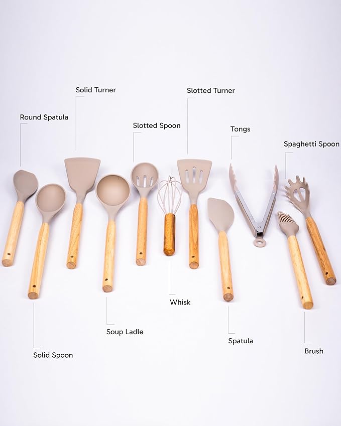 Dusico® Silicone Cooking Utensils Set of 12 Pcs with Wood Handles. Heat Resistant Kitchen Utensils for Nonstick Cookware, BPA Free Silicone Spatula Set & Cooking Spoons, Kitchen Gadgets (Beige)