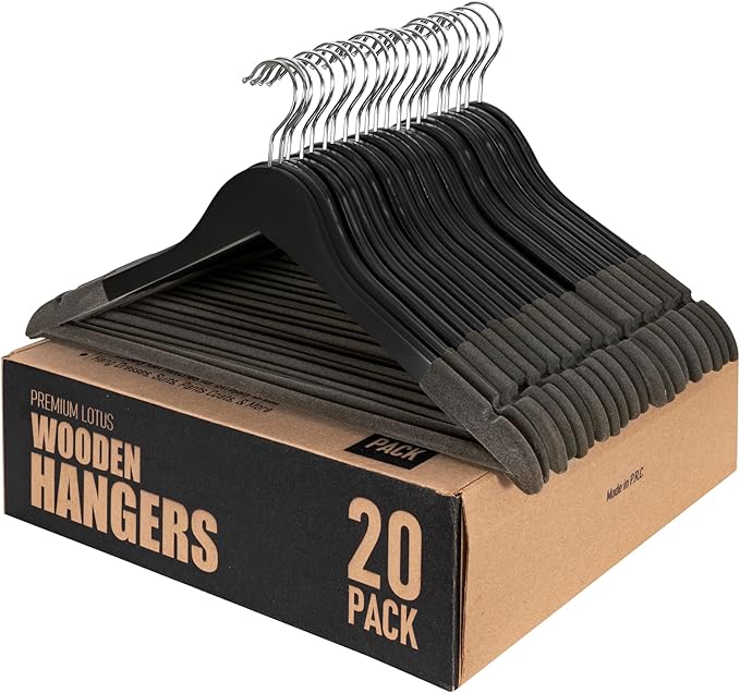 Black Wooden Hangers 20 Pack – Luxury Non Slip Lotus Wood Clothes Hangers with Velvet Bar, 360° Swivel Hook, Heavy Duty Suit & Coat Hangers for Pants, Jackets & Closet Organization – SAMSARC