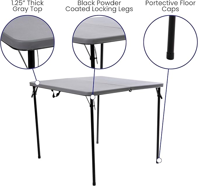 Flash Furniture Dunham 2.83' Square Plastic Folding Event Table with Carrying Handle, Bi-Fold Portable Banquet Table for Indoor/Outdoor Events, Gray