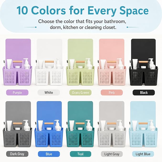 Portable Shower Caddy Basket with Wood Handle, 3-Compartment Bathroom Organizer Tote with Drain Holes, Plastic Shower Basket for Dorm, Toiletries, Cleaning Supplies, Light Blue