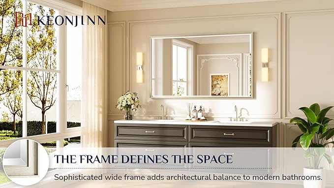 Keonjinn 60" x 36" Large Brushed Nickel Bathroom Mirror, HD Tempered Glass Beveled Edge, Aluminum Alloy Frame, Shatterproof, Silver Rectangle Vanity Wall Mirror for Over Sink, Living Room, Dining Room