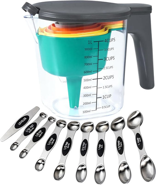19 Pieces Measuring Cups and Spoons set, Includes 10 Stackable Measuring Cup with Lid and 9 Magnetic Measuring Spoons, Tablespoon for Liquid and Dry, BPA Free, Dishwasher Safe (Black)