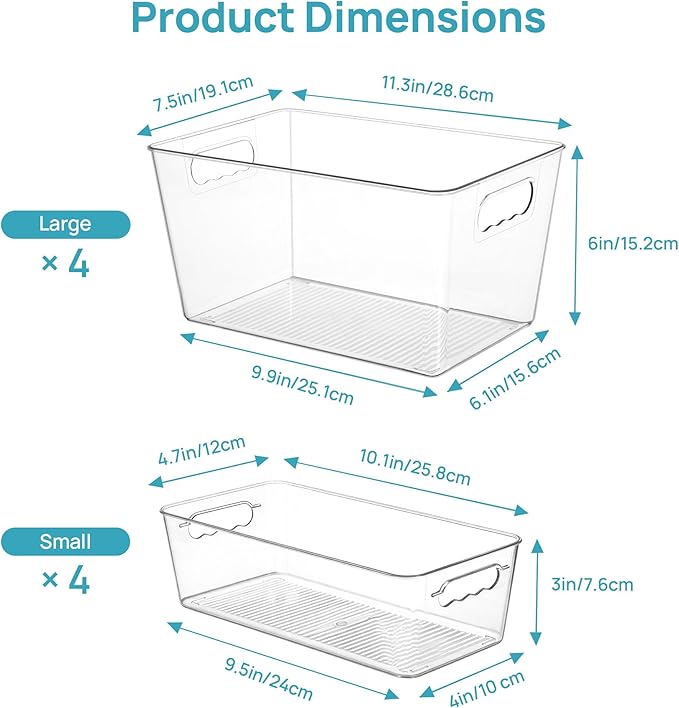 Vtopmart 8 Pack Clear Plastic Storage Bins Set, 4 Large and 4 Small Pantry Organizers and Storage Bins with Handle, Storage Containers for Pantry, Kitchen, Fridge, Cabinet Organization