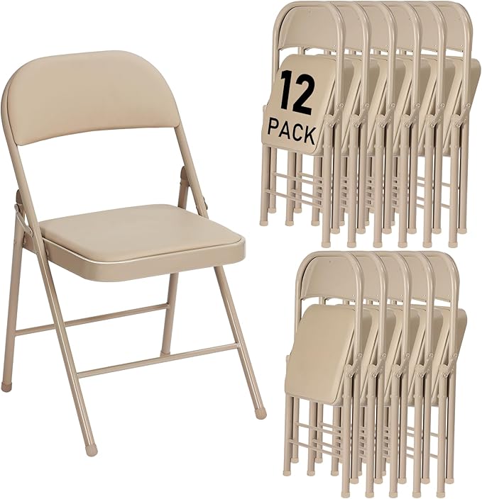 12 Pack Khaki Folding Chairs with Padded Cushion and Back for Outside Portable Stackable Commercial Foldable Chairs with Steel Frame for Events Office Wedding Party, 350lbs Capacity