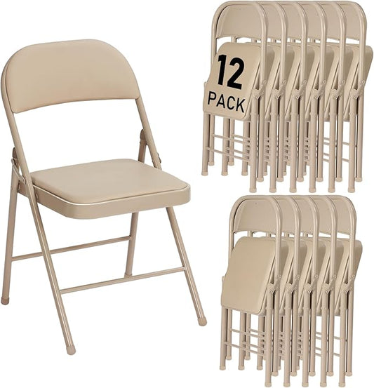12 Pack Khaki Folding Chairs with Padded Cushion and Back for Outside Portable Stackable Commercial Foldable Chairs with Steel Frame for Events Office Wedding Party, 350lbs Capacity