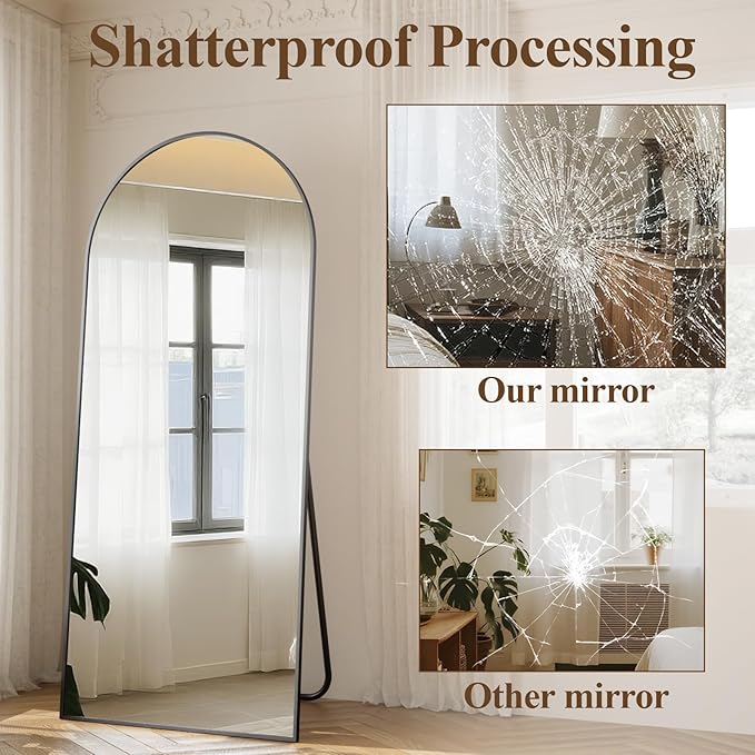 Arched Full Length Mirror 65"x24" - Floor Standing Body Mirror with Aluminum Frame,Leaning Hanging for Bedroom Cloakroom Living Room Black