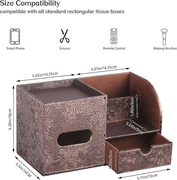 Square Tissue Box Cover with Drawer Storage and Tray on Top, PU Leather Tissues Cube Boxes Holder, Modern Nightstand Organizer Caddy, Remote Control Holder for Bathroom, Bedside, Office, Home