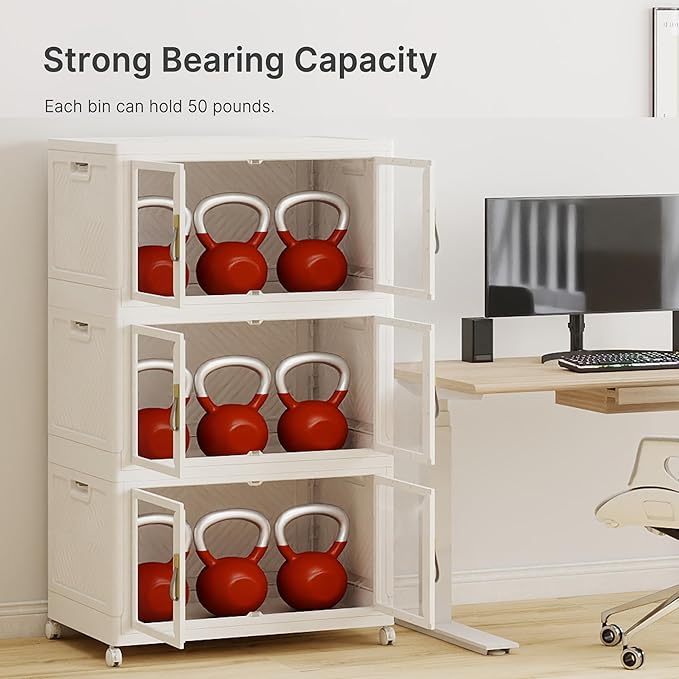 UAMFURI Stackable Storage Bins with Lids, Clear Doors, Large Storage Cabinet Foldable Collapsible Closet Organizers for Bedroom Dorm Office (3, White, 160, Quarts)