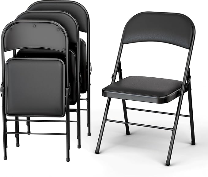 Our Modern Space 4 Pack Leather Chair | Foldable & Stackable | 350 lbs Capacity Steel Frame Seats for Indoor or Outdoor | Commercial Use Events Wedding Party Events Bulk Picnic Kitchen Dining - Black