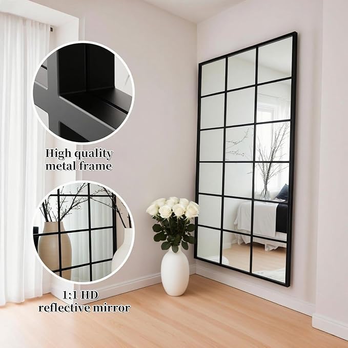 Dewfig 65"x 24" Window pane Full Length Mirror, Wall Mirror, Floor Standing Mirrors, Farmhouse Long Full Body Mirrors Wall Mounted for Living Room, Bedroom, Entryway, Fireplace, Black