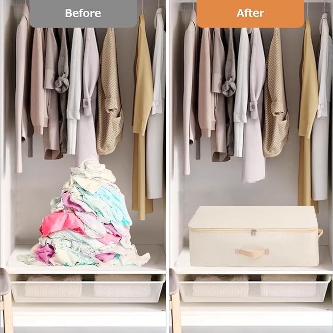 Surblue Clothing Storage Bags Clothes Organizer with Reinforced Handle Foldable Under Bed Storage Bags for Blankets Comforters Quilt Bedding Pillow,3Pcs, Beige