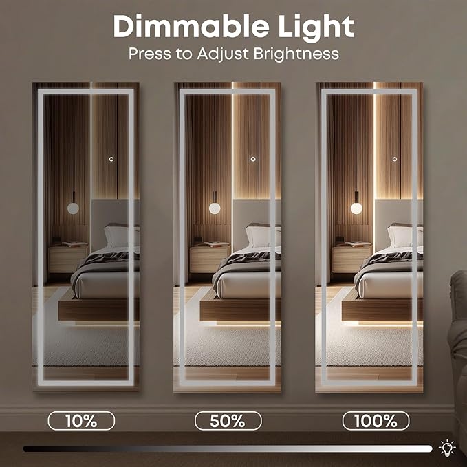 Kosmonia 65x22 Frameless Full Length Mirror, Dimmable 3 Color LED Light w/Memory Function, Distortion Free, HD Reflection & Anti Desilvering, Tempered Glass, Easy Setup w/Stand, Wall/Standing