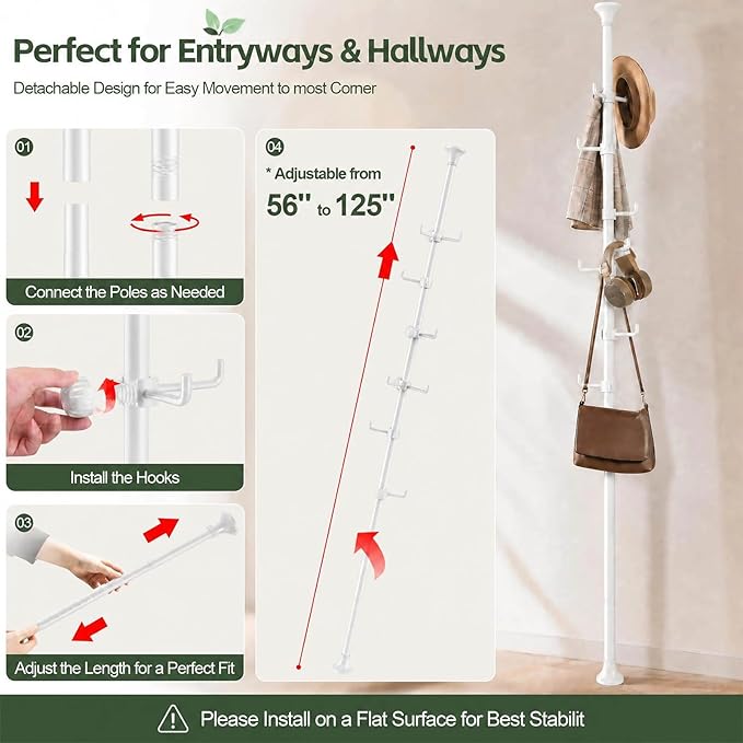 Coat Rack Freestanding, 56 to 125 inch Adjustable Tension Rod Coat Tree with 12 Hooks for Hanging Plant,Coat, Jacket, Hat, Scarf, Suitable for Living Room, Balcony, Kitchen White