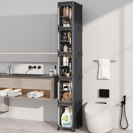 5-Tiers Slim Bathroom Storage Cabinet, Foldable Storage Cabinets,Narrow Bathroom Storage,Movable Bathroom Storage Organizer for Small Spaces,Bathroom,Kitchen,Laundry, Black