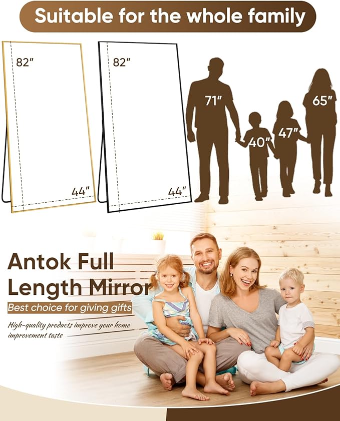 Antok Full Length Mirror, 82"x44" Floor Mirror, Floor Standing Freestanding Full Body Mirror with Stand for Bedroom, Hanging Mounted for Living Room Cloakroom, Gold